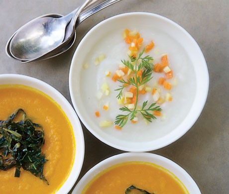 Ivory carrot soup with a fine dice of orange carrots