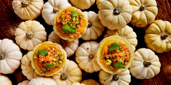 Jack-be-little squash stuffed with chilli oil and butternut squash purée