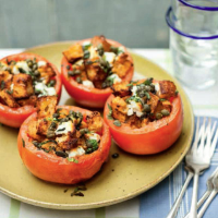 Jack Hawkins tomatoes stuffed with goat's cheese, mint and capers