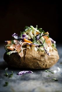 Jacket potatoes with shaved vegetable salad and tuna mayo