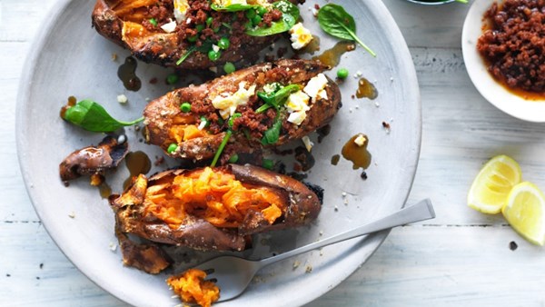 Jacket sweet potato with chorizo cous cous