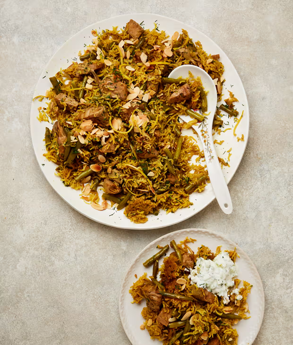 Jackfruit and bean pulao with cucumber yoghurt