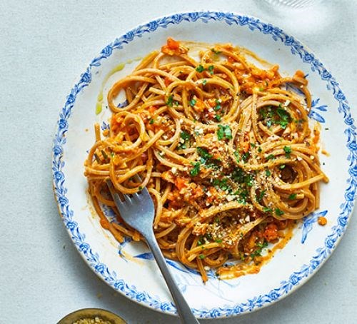 Jackfruit Bolognese with vegan Parmesan