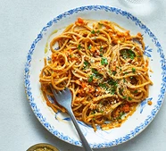 Jackfruit Bolognese with vegan Parmesan