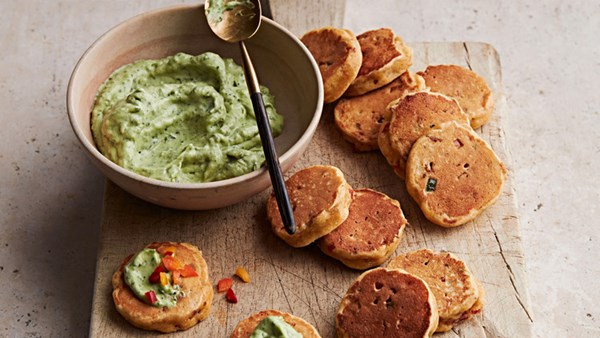 Jalapeño-bacon johnnycakes with avocado-cilantro cream