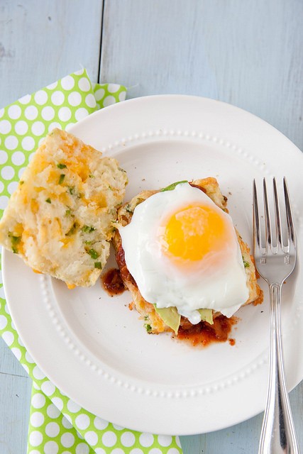 Jalapeño cheddar biscuits with salsa, avocado and eggs