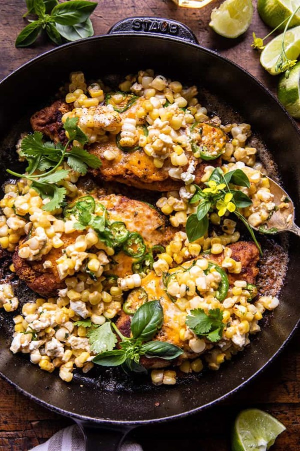 Jalapeño cheddar stuffed chicken with creamed corn