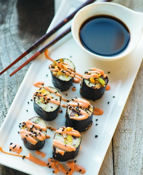 Jalapeño chimi corn sushi with cilantro lime sticky rice