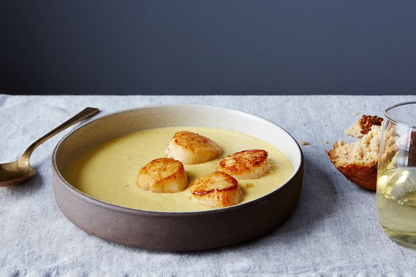 Jalapeño corn soup with seared scallops