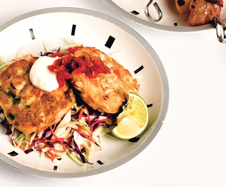 Jalapeño crab cakes with slaw and salsa