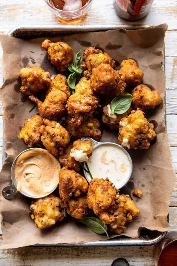 Jalapeño garlic corn fritters with chipotle aioli