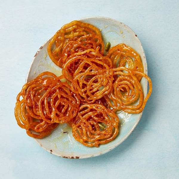 Jalebi with apple and rosewater syrup