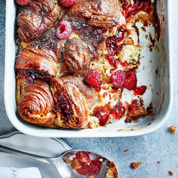 Jam and butter croissant pudding
