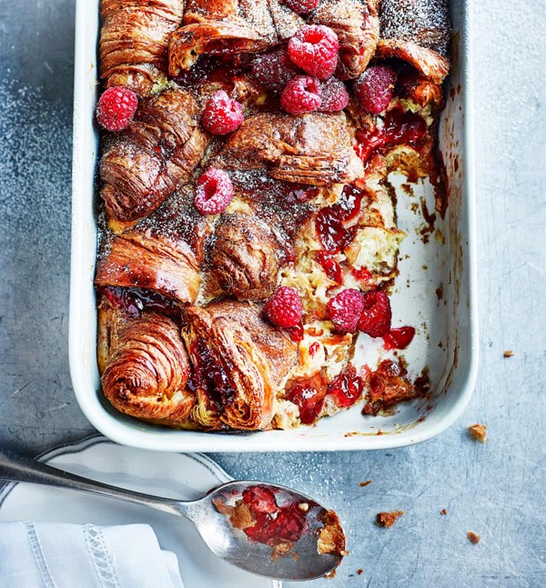 Jam and butter croissant pudding