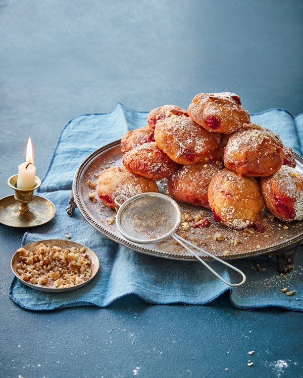 Jam doughnuts with lemon & cinnamon syrup (Sufganiyot loukoumades) [Joe Baur]