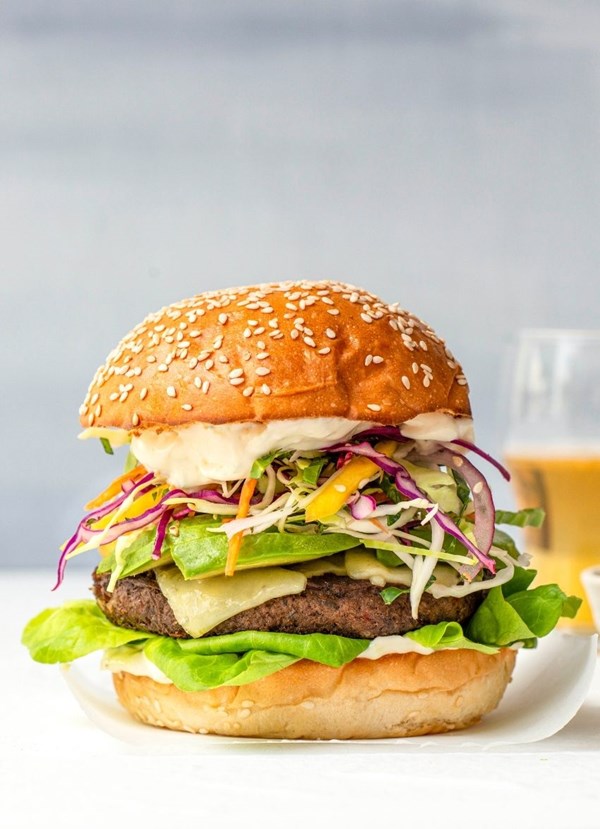 Jamaican jerk BBQ brisket beef burger with fresh mango slaw