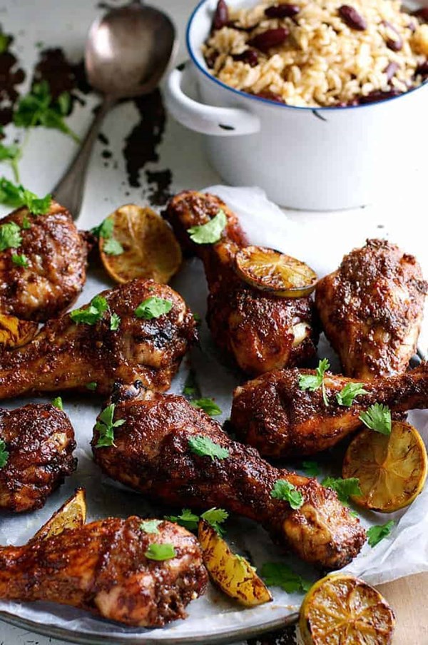 Jamaican jerk chicken drumsticks with Caribbean rice with peas/beans