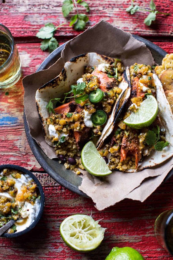Jamaican jerk fish tacos with plantain fried rice and pineapple salsa