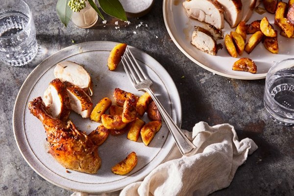 Jamaican jerk roast chicken with fried plantains