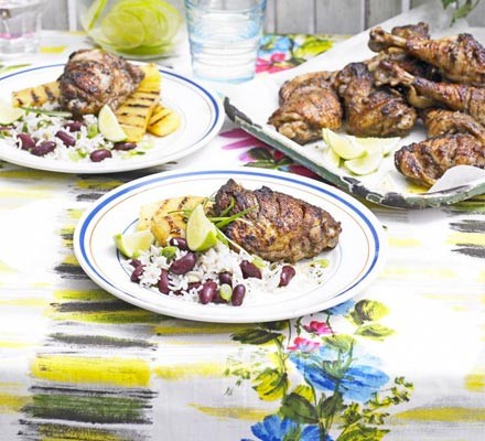 Jamaican-spiced chicken with chargrilled pineapple and rice and peas