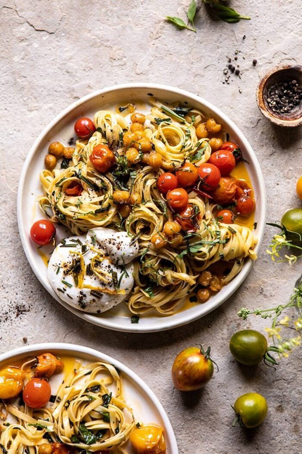 Jammy cherry tomato pasta with crisp lemon rosemary chickpeas