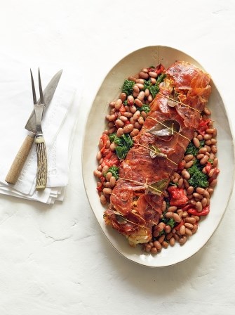 Jamon-wrapped cod with borlotti bean stew