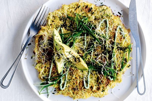 Japanese cabbage pancakes with avocado