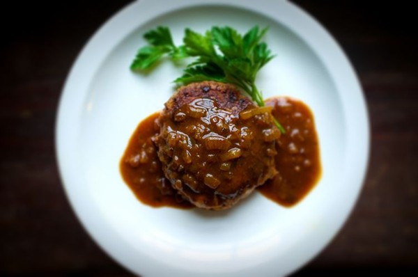 Japanese chopped steak with caramelized onion curry gravy (Hanbāgu)