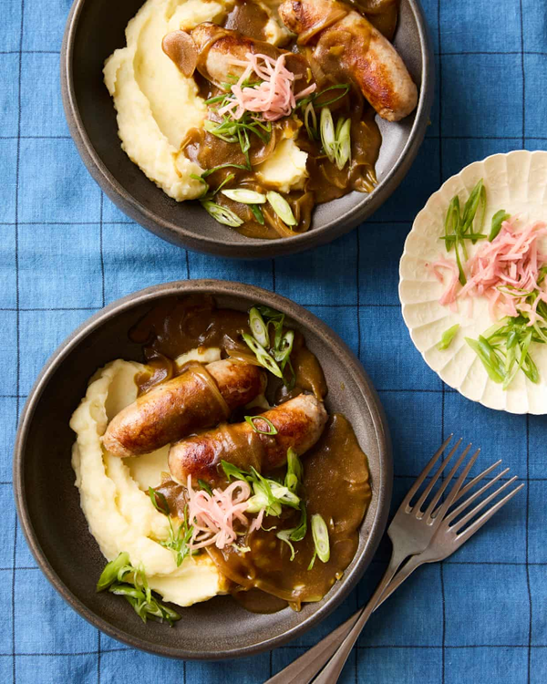 Japanese curry, bangers and mash