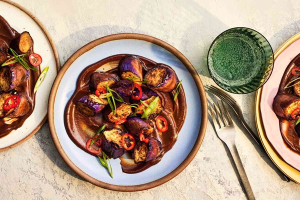 Japanese eggplant with black garlic-tahini dressing