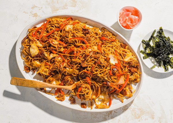 Japanese fried noodles with bacon and cabbage