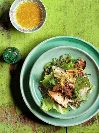 Japanese grilled salmon and seaweed salad
