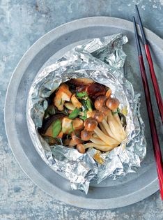 Japanese mushrooms baked in foil with yuzu-pon butter 