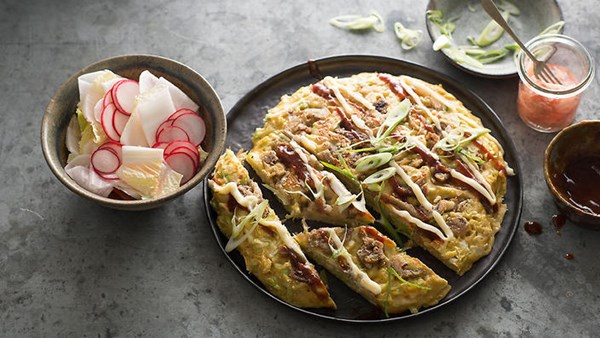 Japanese pancake with crispy trotters (Okonomiyaki) [Matthew Evans]