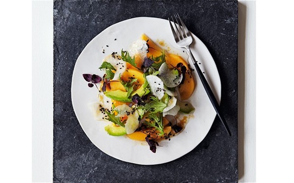 Japanese persimmon, daikon and avocado salad with ginger dressing