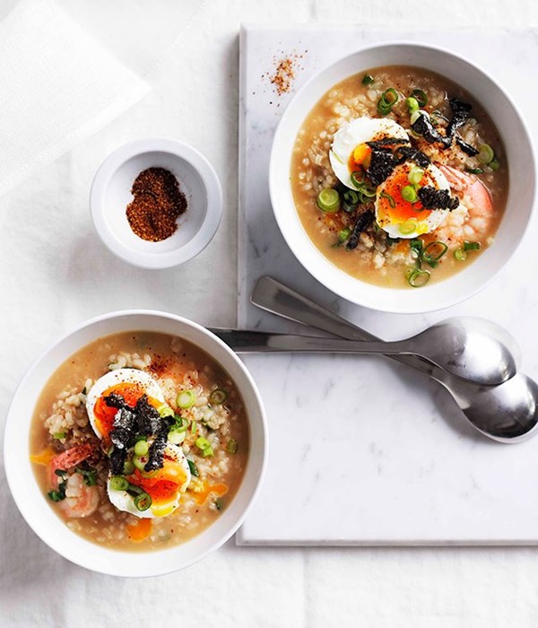 Japanese prawns and rice with hot-spring eggs