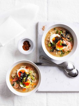 Japanese prawns and rice with hot spring eggs