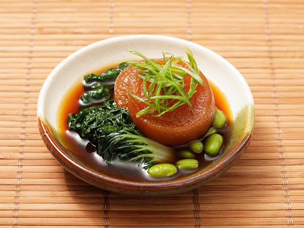 Japanese simmered daikon with bok choy and edamame