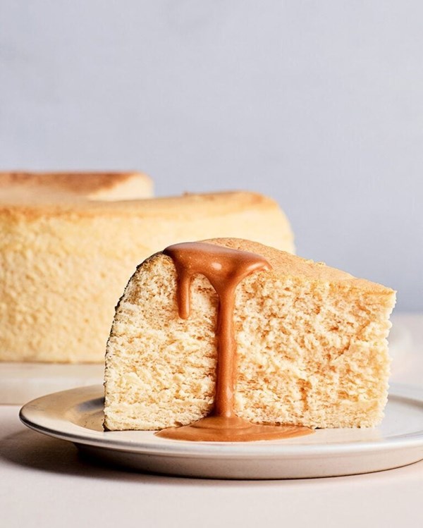 Japanese soufflé cheesecake with yuzu-caramel sauce