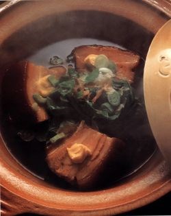 Japanese-style belly pork with dancing bonito