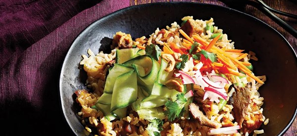 Jasmine rice bowls with glazed eggplant