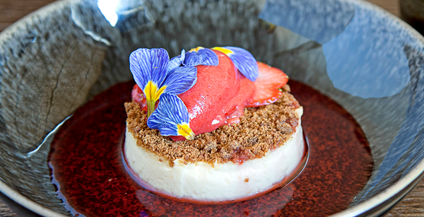 Jasmine set custard with strawberry sorbet