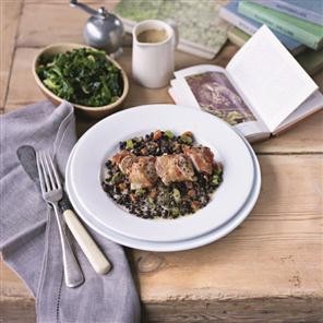 Jason's rabbit loins wrapped with pancetta on braised Puy lentils with curly kale