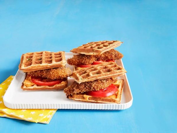 Jeff Mauro's crispy chicken and waffle sandwiches