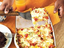 Jeff's cheesy vacation potatoes with sweet & spicy sausage patties