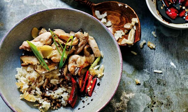 Jeremy Pang’s clay-pot chicken and mushroom rice with chilli and garlic sauce