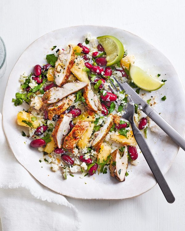 Jerk chicken and cauli 'rice & peas'