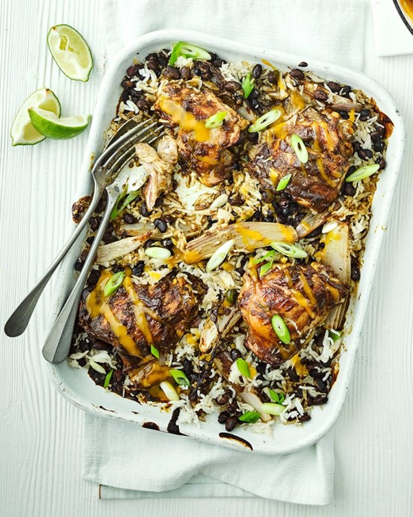 Jerk chicken and mango traybake 