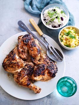 Jerk chicken with coconut rice and pineapple relish
