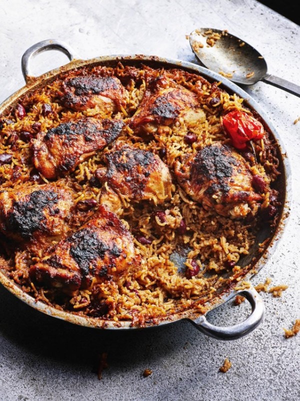 Jerk chicken with rice and peas